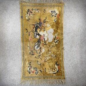 Art Deco Antique Wall Rug Tapestry Chinese Bird Whimsical Floral Wool Silk Flaws